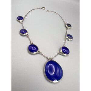 Vintage SG Designer Sterling Silver Cobalt Blue Glass & Chrome Stations Necklace